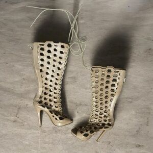 Desire Elegant Beige Cutout Knee-High Heels